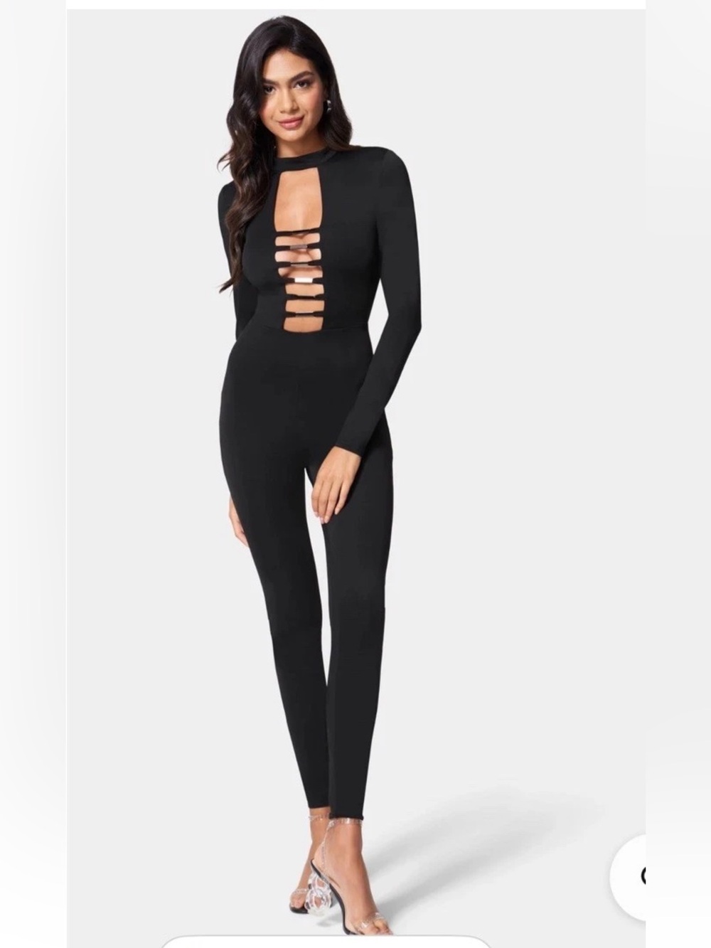 bebe Bar Detail Black Jumpsuit Long Sleeve Back Zip Bodycon Romper Catsuit Small